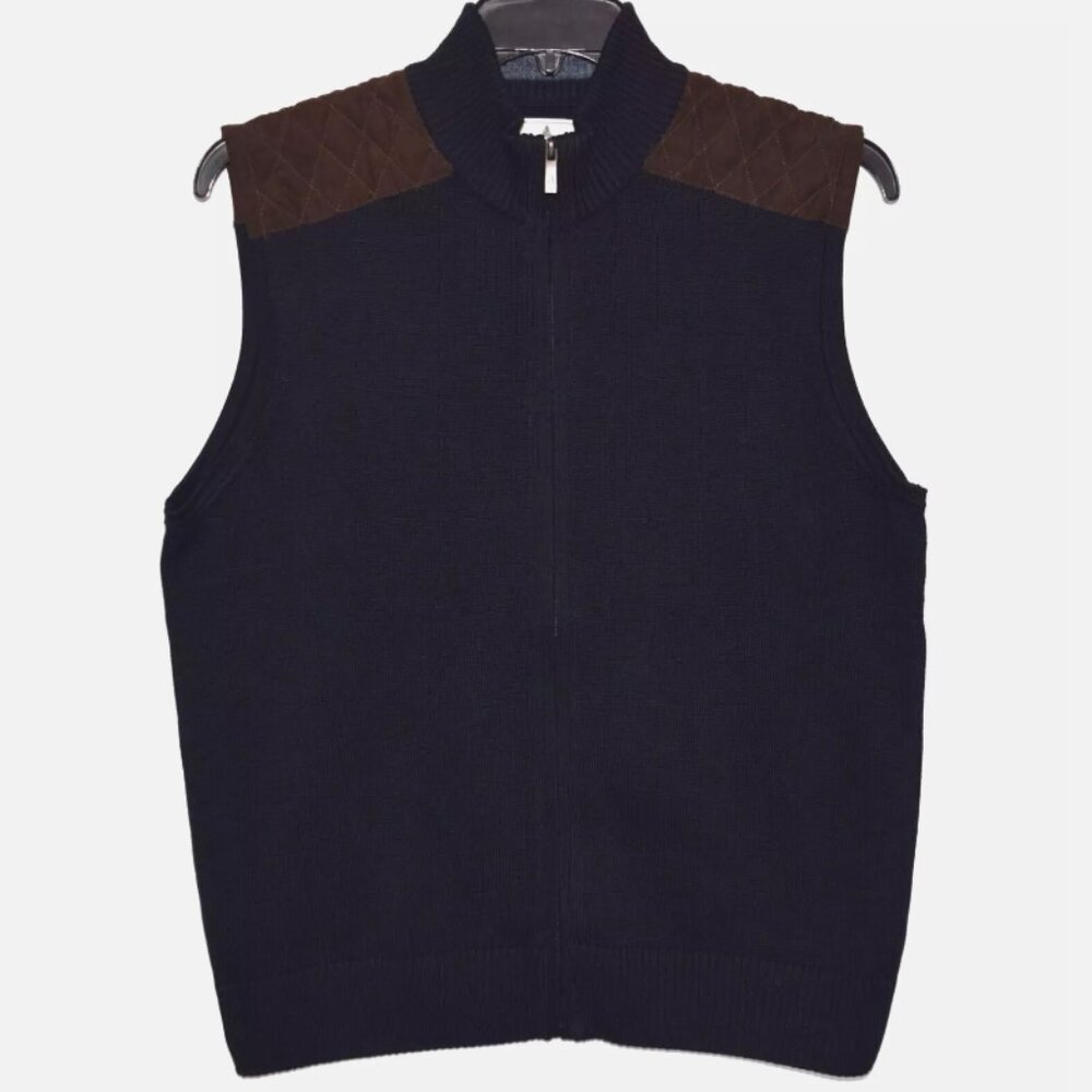 New Without Tag SOUTHERN PINES Blue Brown Quilted Shoulders Full Zip Vest Sz M